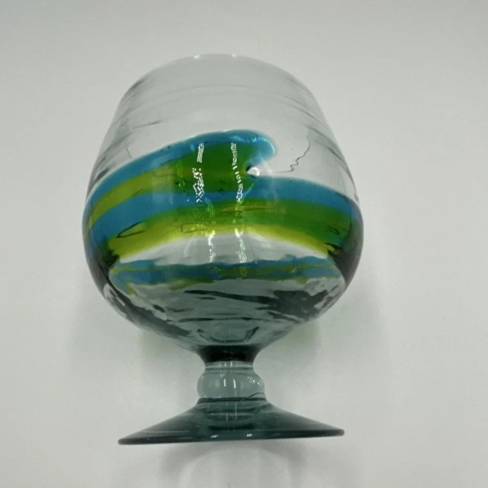 Mid Century Hand Blown Art Brandy type Glass  Blue and Green Decorative Swirl